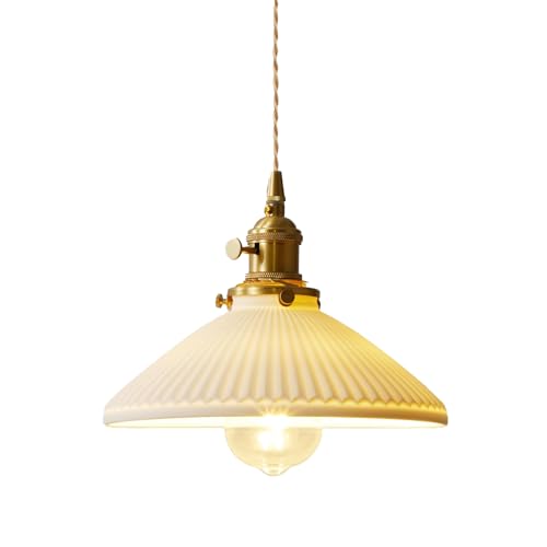 YJQHXY Vintage Ceramic Pendant Light Hardwired, Brass E26 Socket with Rotary Switch, Sloped-Ceiling...