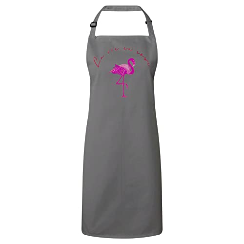 Tablier cuisine gris flamant rose avec texte la vie en rose