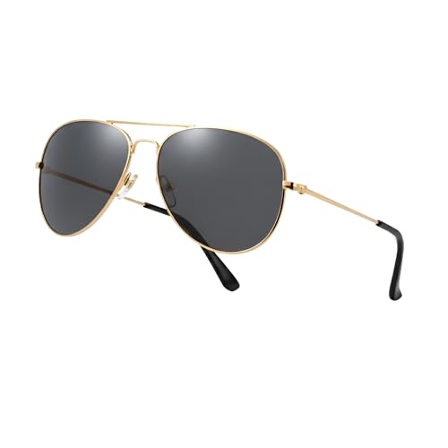 Image of Komonee Pilot Style Designer Sunglasses - Gold Frame Black Lens Classic Retro Shades, Unisex Men & Women UV400 Protection Glasses, Great for Cycling Golf Fishing Sports & Holidays