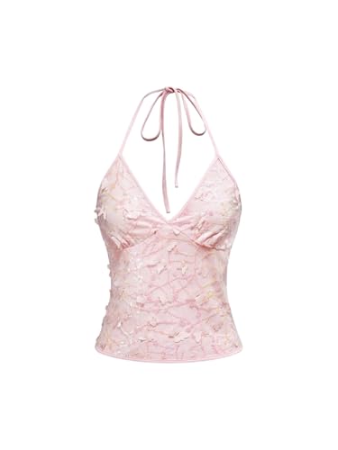 SOLY HUX Women's Y2k Sequin Halter Crop Top Cute 3D Butterfly Glitter Coquette Party Club Tops Plain Pink Medium