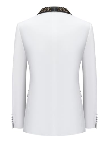 Men's White Slim Fit Shawl Lapel Tuxedo Suit Set with Belt Rhinestones on Collar & Pockets, Black Pants for Prom2