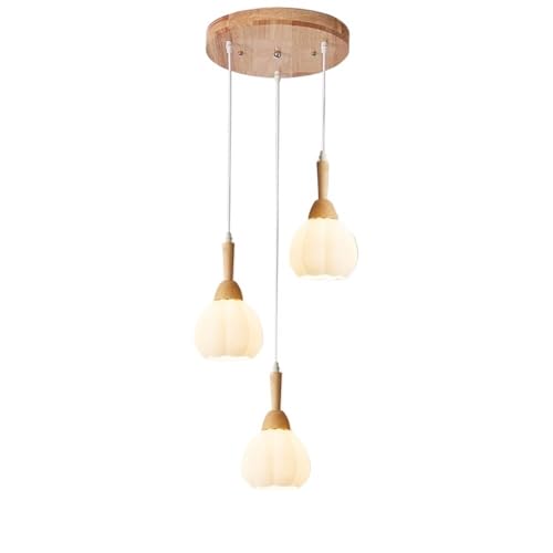 Lustre rond en verre de lait et bois 3 lumières pour couloir