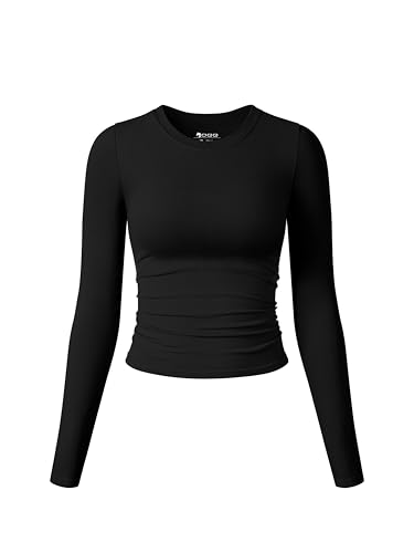 OQQ Womens Shirts Long Sleeve Crew Neck Ruched Stretch Basic Fitted Tee Shirts Tops