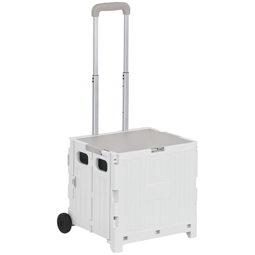 HOMCOM Carrito de la Compra Plegable Carrito para Supermercado con 2 Ruedas Longitud de Mango Ajustable Capacidad 32 litros para Oficina Escuela Hogar 41,5x32,5x85 cm Blanco