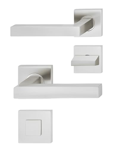 JUVA Poignee de Porte | LDH 2166 | 1 Pièce Poignée de porte carrée | Acier Inox Brossé Mat | Ferrure de porte sur rosace pour portes chambre | Garniture à béquilles avec bouton | WC - Salle de Bain