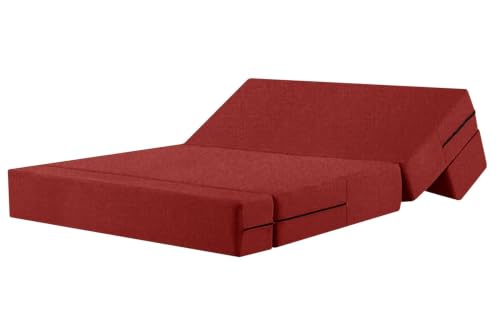 Image of Rosebell Lightweight Foldable 2-Person Sofa Cum Bed Jute Fabric- Washable Cover- Including Cushion - Size 4' X 6' Ft (Red) Perfect for Home & Office