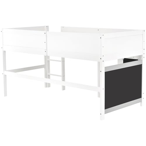 3ft Single Wooden Bunk Beds With 2 Blackboards for Scrawling, Mid-Sleeper Loft Bed with Small Shelf & Ladder & Guard Rail, Space-Saving Cabin Bed Frame Gaming Beds For Kids Teens, White, 190x90 cm