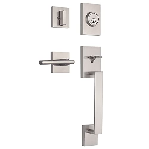 Nuk3y Haven Modern Handleset Front Door Entry Handle and Deadbolt with Reversible Inside Lever Trim (Square Hulk Lever Trim, Satin Nickel)