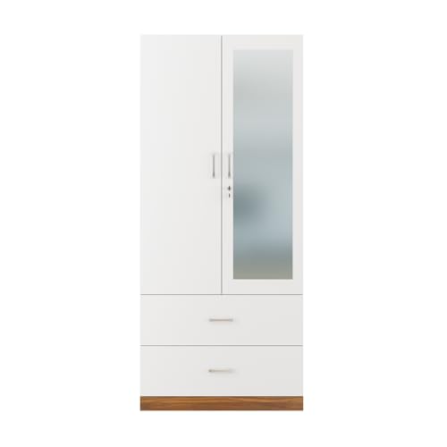 Image of VIKI Wardrobe | Wooden Almirah for Clothes,Door for Bedroom, 2 Door Wardrobe with Drawer, Mirror & Hanging Space (Walnut & White - 40D x 80W x 180H) | 1 Year Warranty | Free Assembly