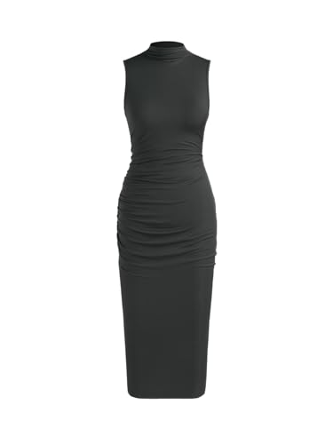 CIDER Work Dresses for Women High Neck Sleeveless Bodycon Ruched Cocktail Party Midi Dresses