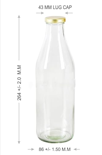Image of Pure Source India Reusable Leak-Proof 1Litre Glass Bottle with Gold Metal Lid for Beverage & Milk Storage Bottles (Set of 10)