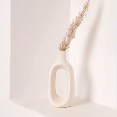 Handcrafted Ceramic Vase Oval Shape | Beige Ceramic Flower Vase Matte Finish 8 Inch Long Oval Shape Bottle Vase Centerpiece for Living Room, Dining Table Decoration