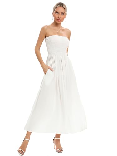 Image of Aigeman Women Strapless Tube Maxi Dress Flowy Swing Long Beach Sundress Sleeveless Boho Summer Dress with Pokets 330