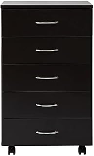 Senvoziii Chest of Drawers, 5 Drawers Cabinet Storage Organiser Unit with Metal Handles & 4 Wheels, Wood Bedside Table for Living Room Hallway Bedroom, Black