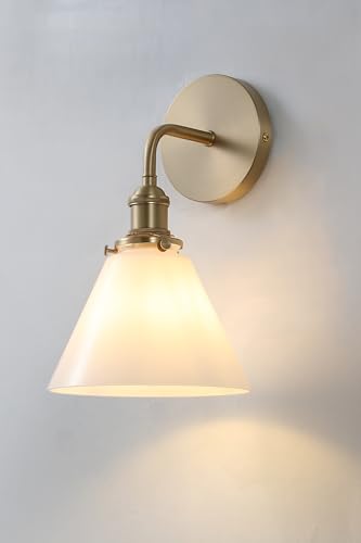 Image of Brass Wall Sconce Mid Century Modern Milk Glass Cone Sconce Light, Ideal for Kitchen, Bathroom, Living Room, Bedside, Hallway (Bulb Included)