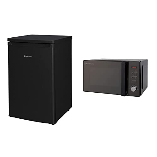 Russell Hobbs RH55UCLF4B Freestanding Undercounter Larder fridge, 131 liters, Black, Noise level: decibels 40 & RHM2076B 20 Litre 800 W Black Digital Solo Microwave with 5 Power Levels, Easy Clean