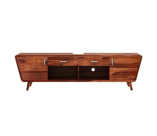 Image of Premium Solid Sheesham Wood TV Unit for Living Room - 2 Drawers, 2 Shelves, and 2-Door Storage - Fits up to 60-Inch TV (Carvel, Honey Finish)