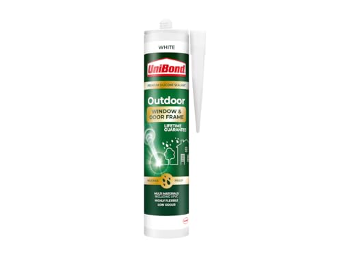 UniBond Outdoor Window and Door Frame Sealant Premium Silicone Sealant Suitable for Use on Various Materials* Waterproof and Weather Resistant White 1 x 392g Cartridge
