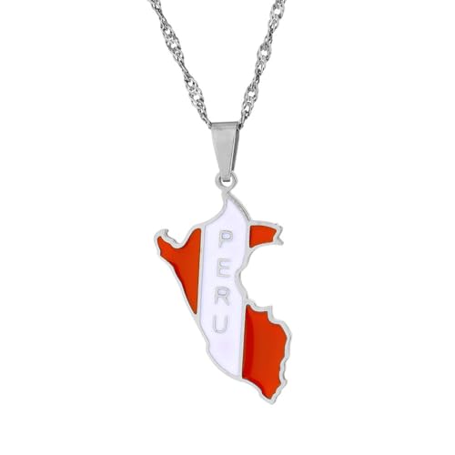 LUTAKU Collier avec pendentif carte du Pérou et drapeau du Pérou pour homme et femme, en acier inoxydable, Acier inoxydable