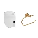 ALPHA BIDET JX2 Elongated Toilet Seat with Endless Warm Water, NEW Bowl Mist, Wireless Remote, Stainless Steel Nozzle, and Symmons Brushed Bronze Wall-Mounted Toilet Paper Holder