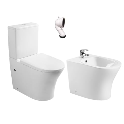 Pack Wc Inodoro Completo Ceramico Blanco Fondo Reducido Rimless y Tapa Extrafina Caida Amortiguada + Bidet a Suelo de Bano Moderno - Sin tapa y Facil Limpieza Olimp (Pack Wc + Bidet)