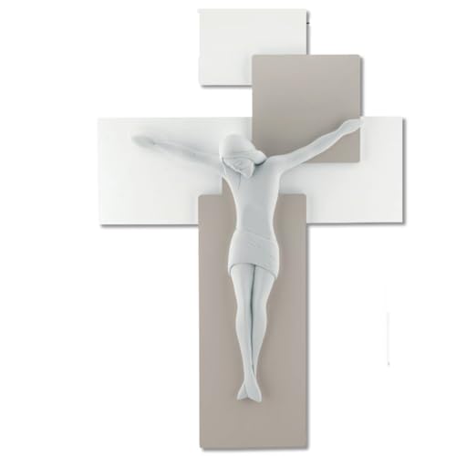 CROCIFISSO da Parete 27X19 Moderno Legno Tortora Cristo MARMORINO Bianco ME12102NB