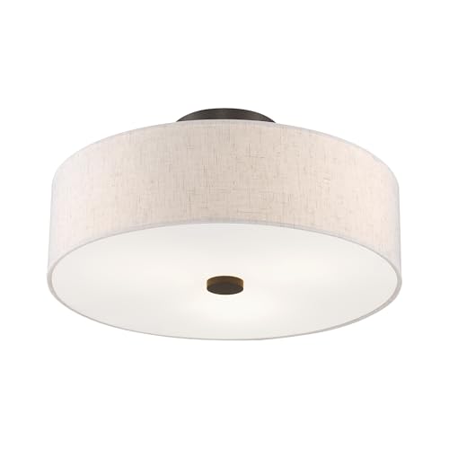 Image of Livex Lighting 52135-92 3-Light Semi Flush Ceiling Light, English Bronze | Oatmeal Color Fabric Hardback Drum Shade and Satin White Diffuser