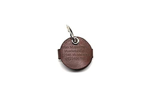 CopterFarm Hundemarkentasche für Hunde am Halsband | mit Gravur, Druckknopf | Kunstleder, Echtleder | Hundemarke | individuell beidseitig graviert (Echtleder Braun, Rund)