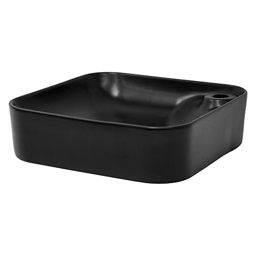 ML-Design Lavabo de Cerámica Negro Esquinas Redondeadas 430 x 430 x 120 mm Con Agujero de Desagüe Orificio Para Grifo Lavamanos Moderno Sobre Encimera Sobremesa Pila Para Baño Aseo Diseño Minimalista