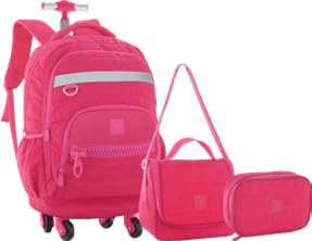 KIT de Mochila G 4 Rodas 360°Juvenil Estilosa Cor Pink Roxo Desenho do tecido Matelassê Lancheira Térmica e Estojo (ROSA)