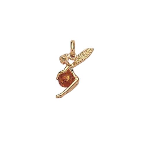 Pendentif fée plaqué or 750 et authentique pierre ambre cognac pour femme