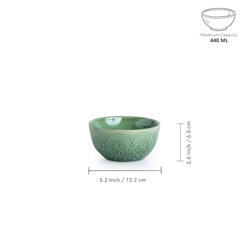Image of ExclusiveLane 'Mandala Duo' Hand Glazed Ceramic Bowls for Serving Bowl Set (Set of 2, 440 ml, Microwave Safe, Dishwasher Safe, Green) | Kitchen Bowl Ceramic Serving Bowls for Snacks Serveware