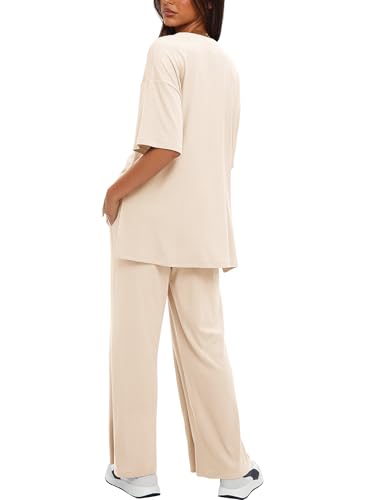 Image of Darong Women's Two Piece Sets Casual Short Sleeve Top Wide Leg Pants Lounge Matching Set Travel Vacation Airport Outfits