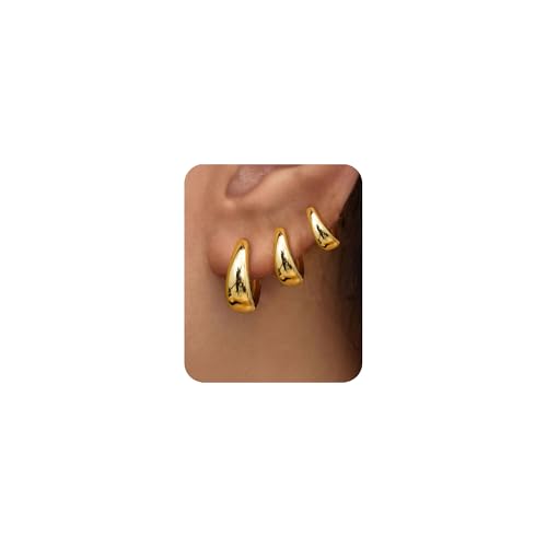 3Pairs Gold Hoop Earrings Set for Women Trendy Chunky Huggie Dainty Earring Jewelry for Women Teens...