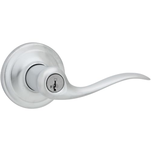 Image of Kwikset Tustin Entry Door Handle with Lock and Key, Secure Keyed Reversible Lever Exterior, Doorlock, For Front Entrance and Bedrooms, Satin Chrome, Pick Resistant Smartkey Rekey Security