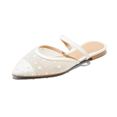 Image of Mesh Mules for Women Comfy Raffia Woven Strap Closed Pointed Toe Mule Flats Casual Slip on Dress Slides Flats
