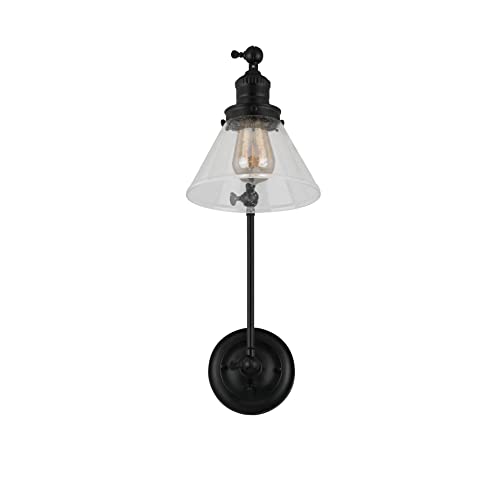 Image of Design House Augustin Wall Sconce, 1-Light, 3-Point Swing Arm, Seeded Glass Glow, Hardwire /Plug-in Easy Installation, On /Off Backplate, E26 Socket, Black, 7.9 in L x 17.3 in W x 38.6 in H, 589077-BLK | Adjustable Swing Arm, Adjustable, Wall Mount, Contemporary /Modern, Steel, Lighting, 589077-BLK