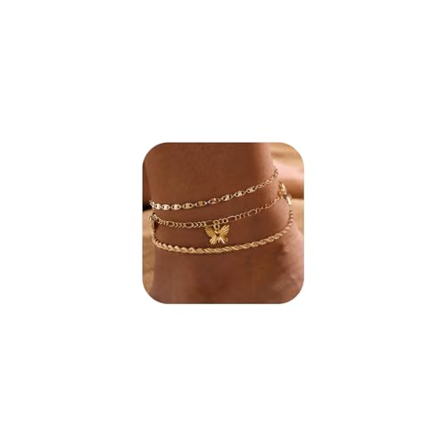 Rotnso R-A-01 3PCS SEQUIN&ROPE&BUTTERFLY-GD Anklets For Women 14K Real Gold Plated Butterfly Ankle Bracelets Trendy Waterproof Boho Rope Figaro Chain Link Anklets Set Dainty Cute Charm Non Tarnish Summer Beach Jewelry Gift cover