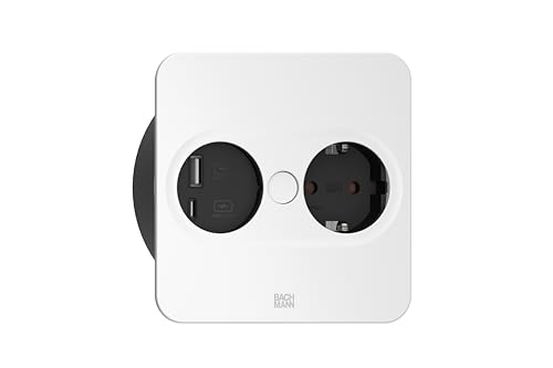 BACHMANN Twist 2 Recessed Socket, Square, 1 x Socket with USB A and USB C, 2 m Cable, Table Socket for Kitchen and Office, White 946.205 (with Automatic Opening and Anti-Fingerprint Coating)
