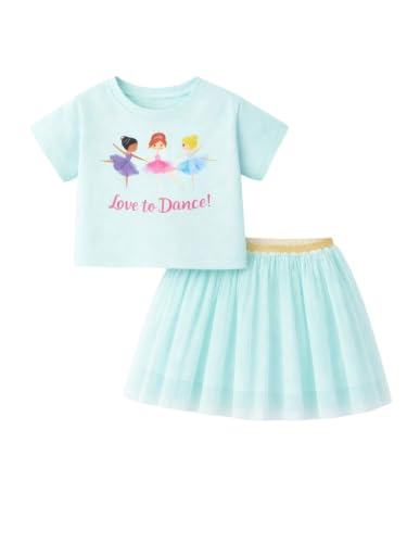 Image of HILEELANG Girls Skirt Set 2 Piece Outfit Cotton Tee Tulle Skirt Set | Soft Cotton Tee, Applique Detail, Layered Tulle Skirt with Lining, Lightweight Comfort for Toddler Little Girls