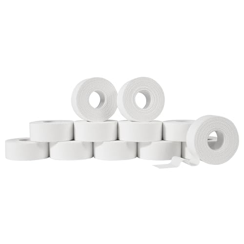 PHYTOP Cinta Deportiva Adhesiva – Esparadrapo Deportivo de dedos 2.5cm x 10m en blanco, Sport Tape para Jiu Jitsu, Remo, Escalada, Musculación, Voleibol y Baloncesto（12 rollos）