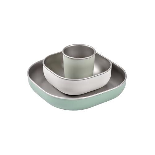 Image of BEABA Stainless Steel Meal Set | Microwave and Oven Safe | Baby Plates Baby Bowls and Cup with Anti-Slip Silicone Cover | Kids Plates Non Toxic, Sage Green
