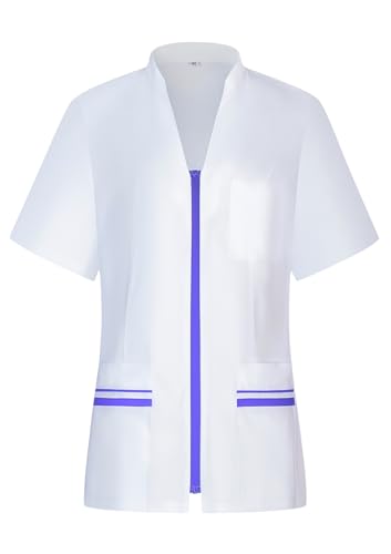 Casaca Sanitaria Mujer Cierre Cremallera Central Cuello Tirilla Manga Corta Entallada Transpirable Uniforme Profesional Farmacia Clínica Comodidad - Serie 702 (Blanco con vivo violeta -2+13, 3XL)