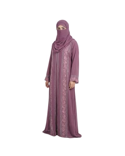 Image of Women's Elegant Embroidered Abaya - Modern Dusty Rose Kaftan Dress with Floral Lace Border - Modest Islamic Maxi Cardigan Robe for Eid, Weddings & Formal Occasions (Includes Matching Hijab)