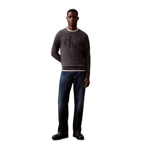 Calvin Klein Men's Smooth Cotton Monogram Logo Sweater Ebony