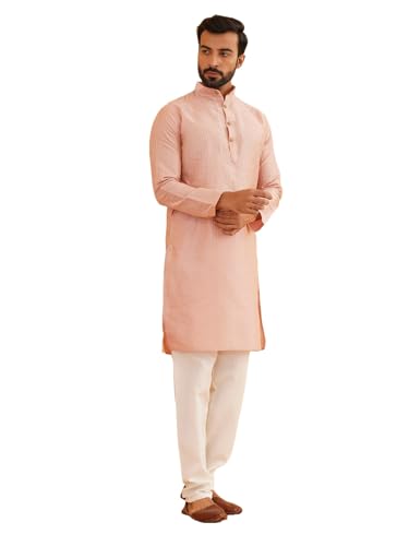Sojanya (Since 1958 Men'S Silk Blend Striped Pink Kurta & Off-White Churidar Pyjama Set