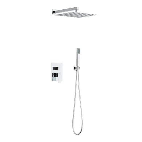 Cofan Ensemble de douche encastré avec finition chromée | Conception carrée | Pulvérisateur avec 2 fonctions | Douche mitigeur 2 voies | Installation murale | Pulvérisateur et poignée inclus