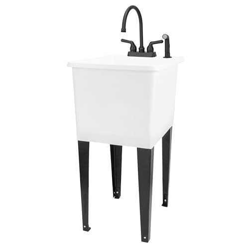 Image of Space Saver Utility Sink by JS Jackson Supplies, Gooseneck Faucet with Side Sprayer (White Tub, Black Faucet)