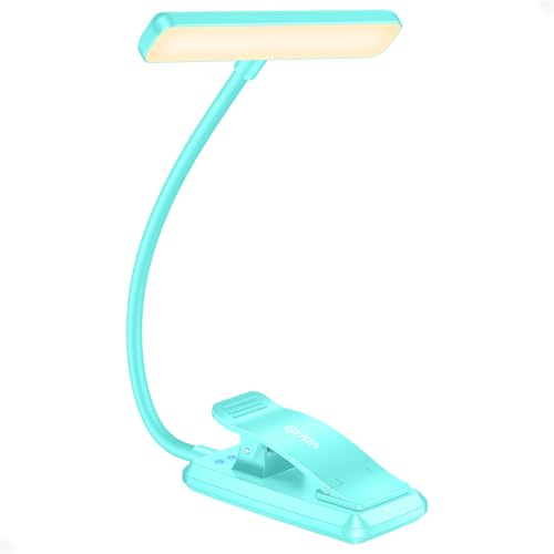 Gritin 19 LED Rechargeable Book Light for Reading in Bed with Memory Function- Eye Caring 3 Color Temperatures,Stepless Dimming Brightness,90 Hrs Runtime Clip on Light for Book Lovers-Blue