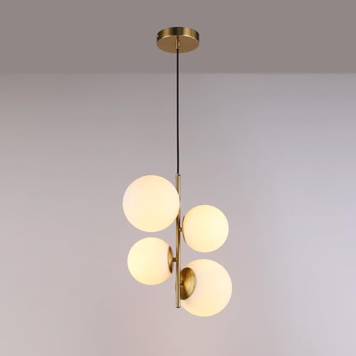 Lámpara Colgante de Techo 4 Esferas TANNA, Lámpara Colgante Moderna Cristal Opalino y Aluminio, Casquillo E27, Ø 15cm, Altura Regulable, Ideal para Salon Comedor, Cocina o Dormitorio (Dorado)